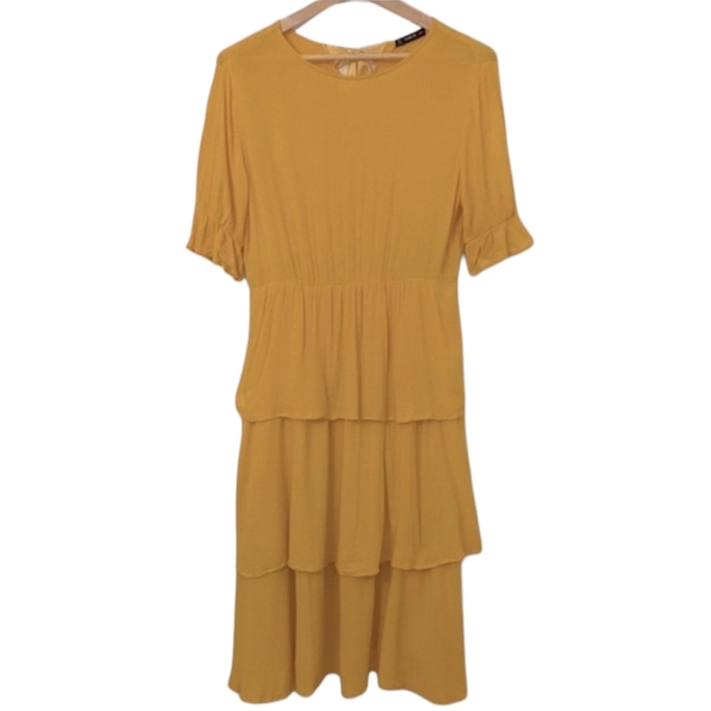 SHEIN | Satin Tie Back Mustard Yellow Layered Hem Dress